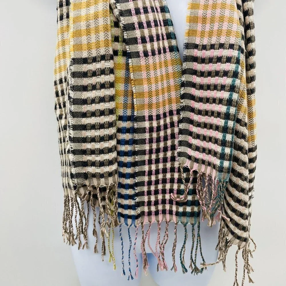 Vince‎ Camuto Womens One Size Woven Plaid Print Fringe Scarf Black Brighter 1258
